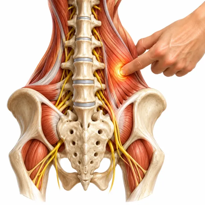Ilustracija: prst pritiska mišić pored lumbalne kičme, anatomski model krsta