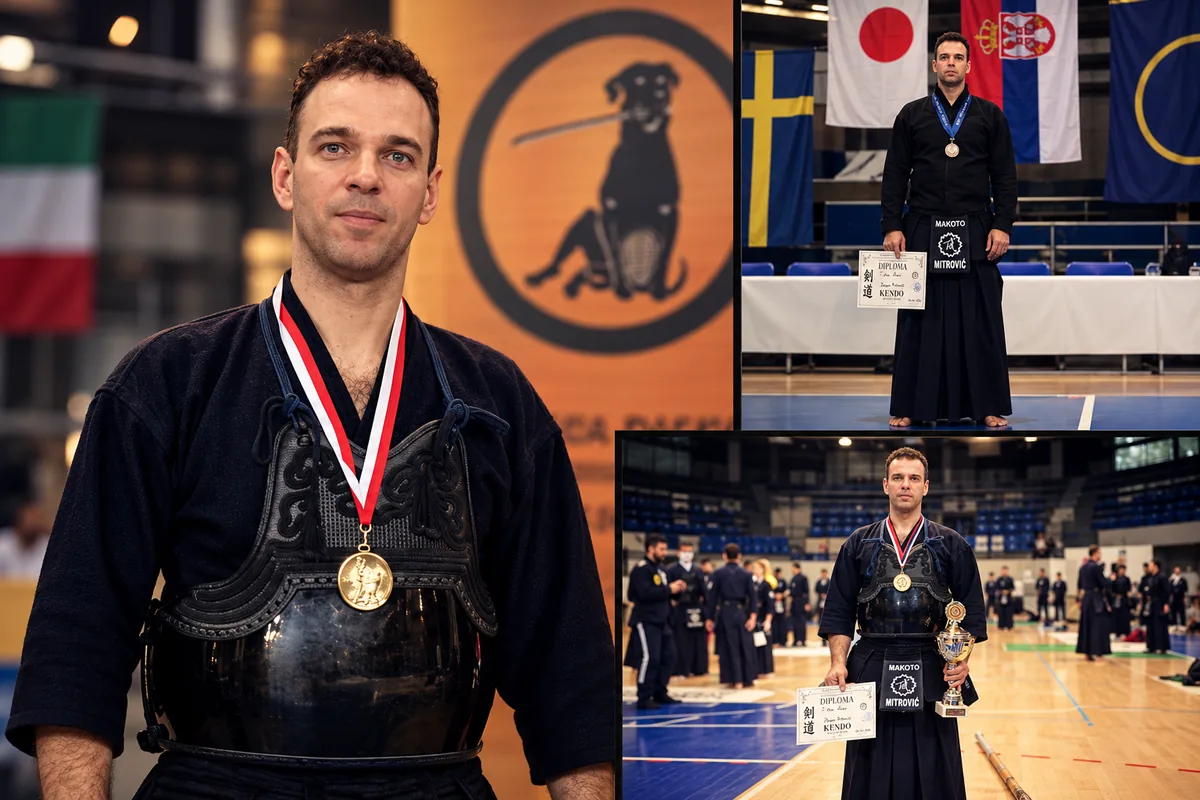 Dragan Mitrović u oklopu za borilačke veštine sa medaljom, i prizori sa takmičenja